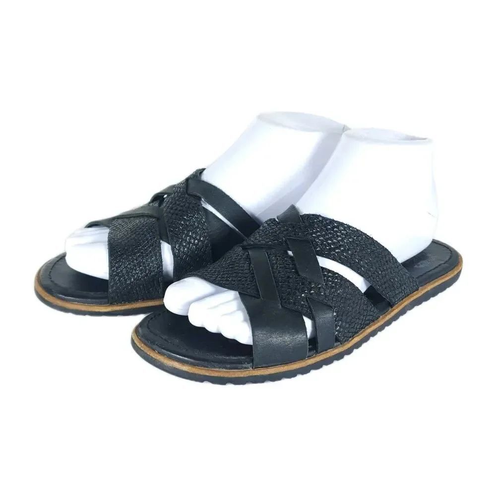 Sorel Women's Ella US7 Black Leather Crisscross Strap Flat Slide Sandals Shoes